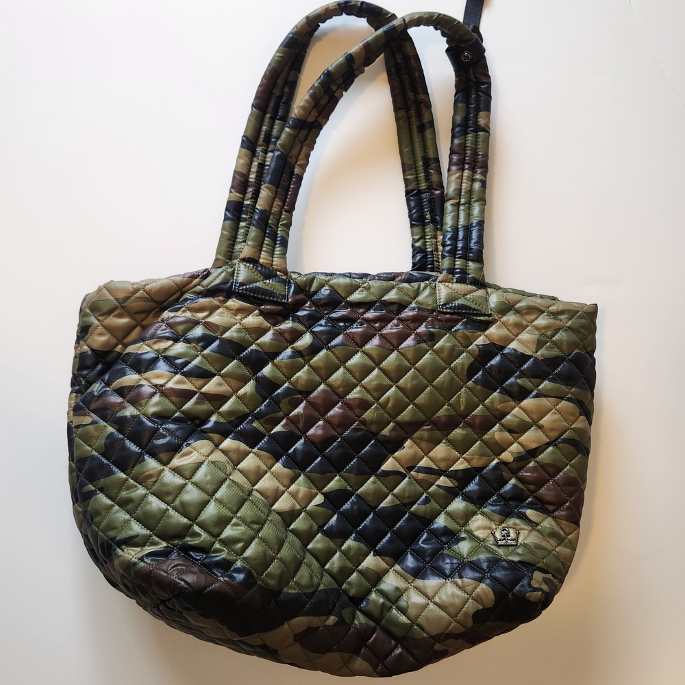 Green and Brown Quilted Tote Bag with Metallic Finish